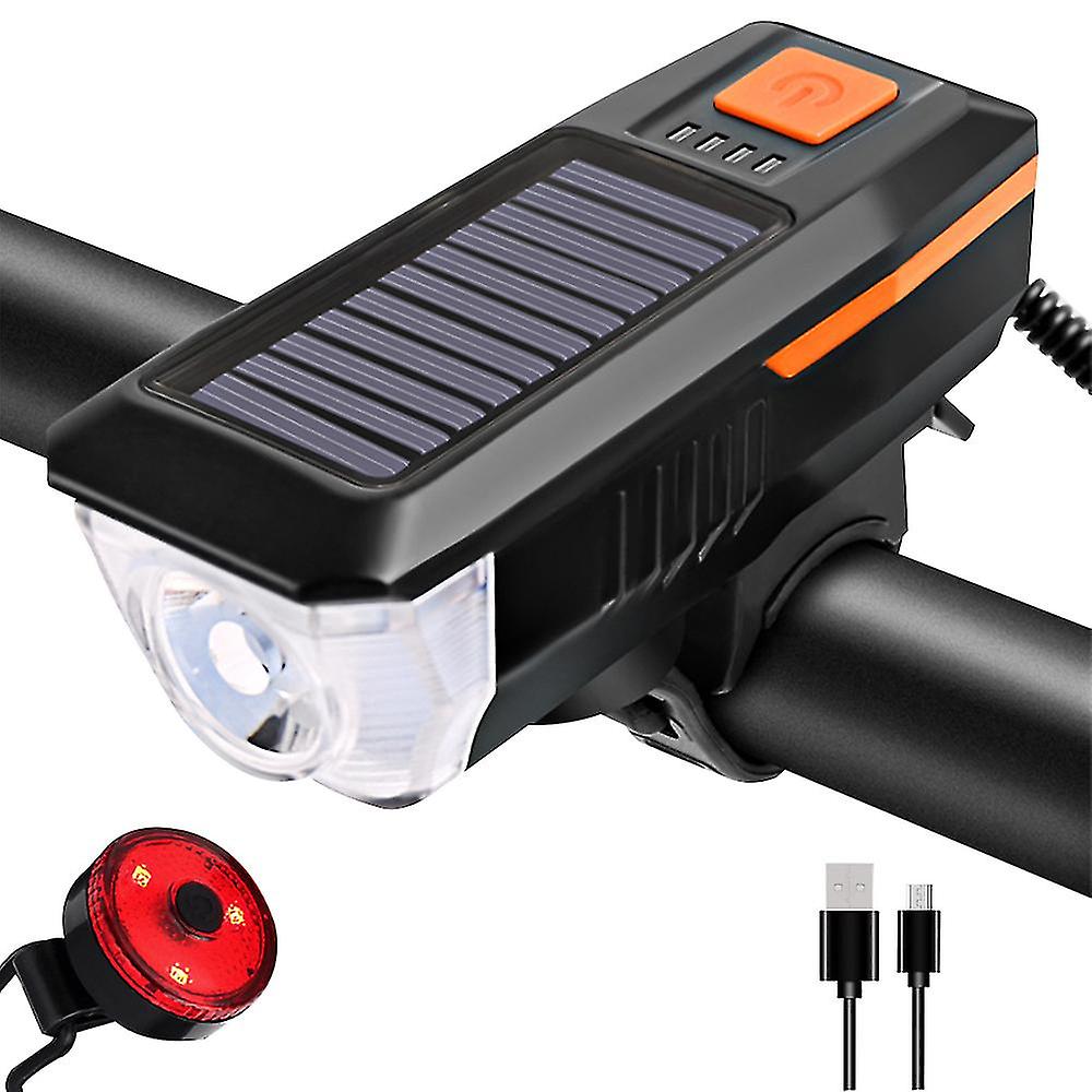 Bike Light Set And Horn Solar Powered Usb Rechargeable Headlight