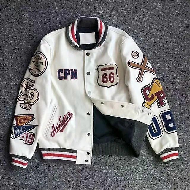 Multi-letter Embroidery White Baseball Uniform Men's Explosive Style Baseball Uniform Retro Leather Jacket Heavy Industry Coat