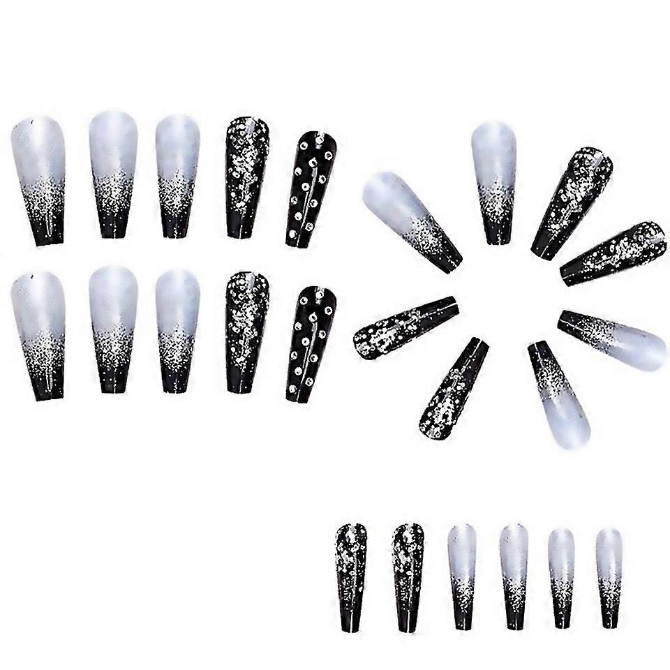 For Gradient Applique Diamond False Nails Detachable Glitter Nails Black