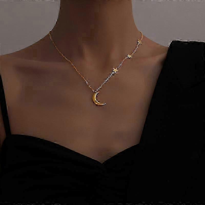 Peri sBox Small Crescent Moon And Stars Necklaces Hollow Double Layer Chain Choker Necklaces Unusual Statement Boho Sea Necklace