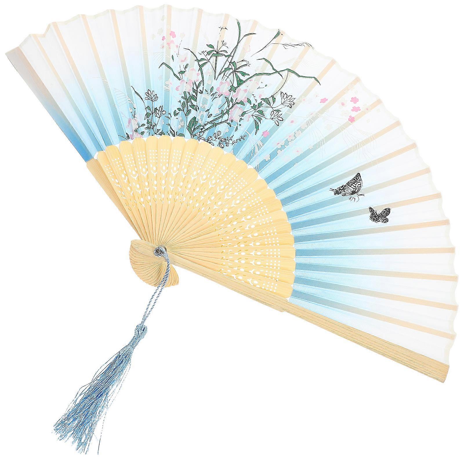 Foldable Performance Fan For Stage Show 21X2.8Cm Blue Japanese Style Decorative 3Pcs