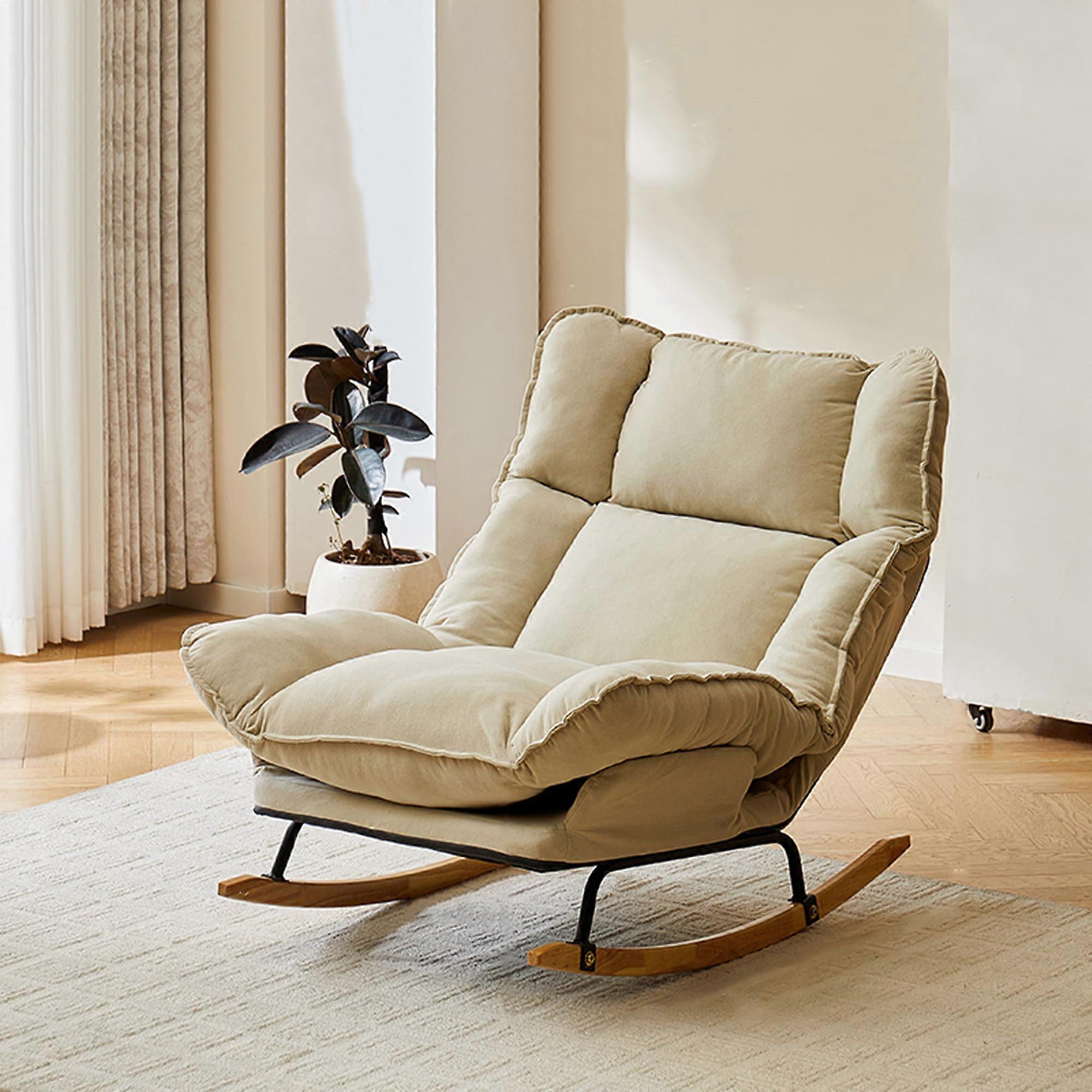 Ergonomic Back Rocking Chair Beige Upholstered Reading Armchair Indoor Use Balcony Recliner Without Footrest