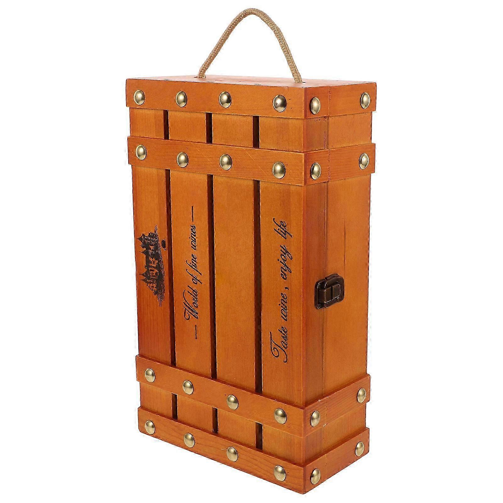 Wooden Wine Box Storage Case Dark Red Rectangular Retro Style For Festival Party 35.00X21.00X11.00CM Wine Storage Portable Handle 1Pack