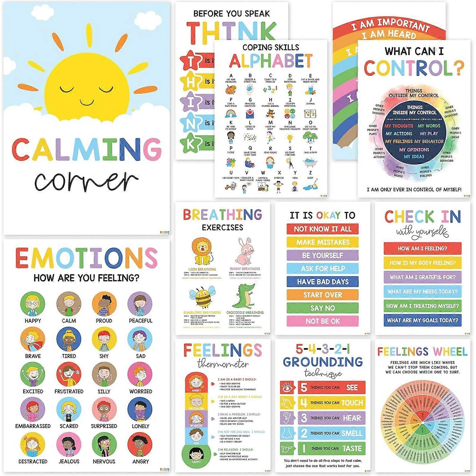 12 Pieces Calming Corner Posters, Feelings Chart For Kids,Calm Down Corner
