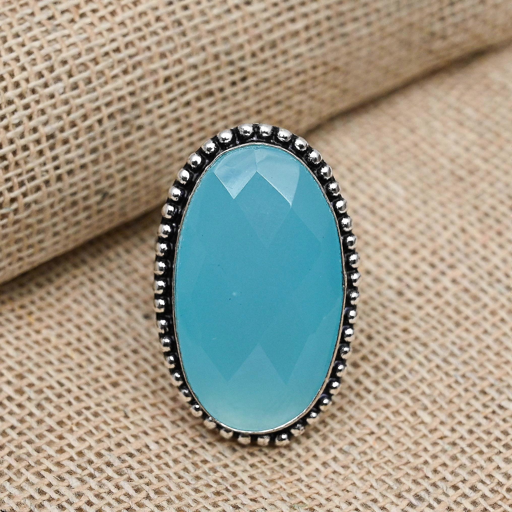 Blue Chalcedony Gemstone Handmade Solid 925 Sterling Silver Promise Ring Jewelry