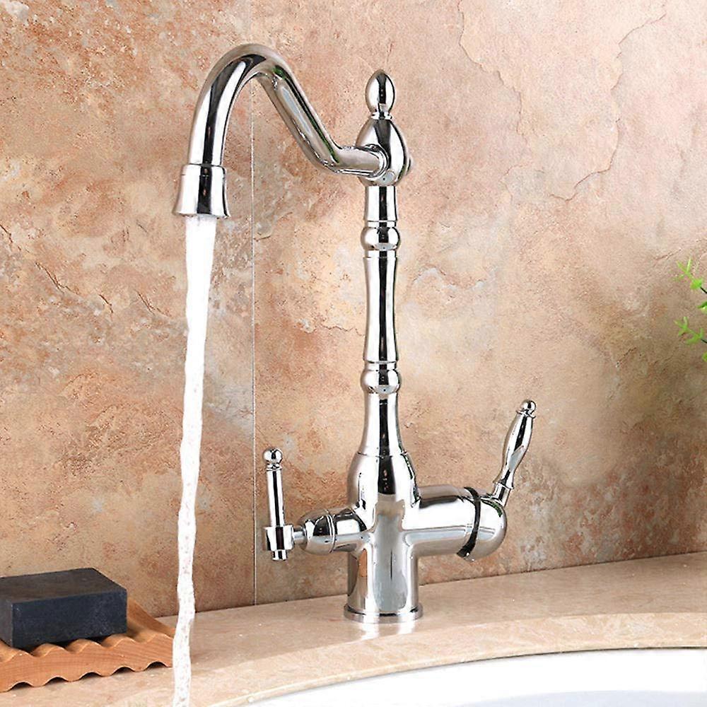 3 Way Chrome Brass Kitchen Faucet with Swivel Spout Dual Handles for Drinking Water Filter