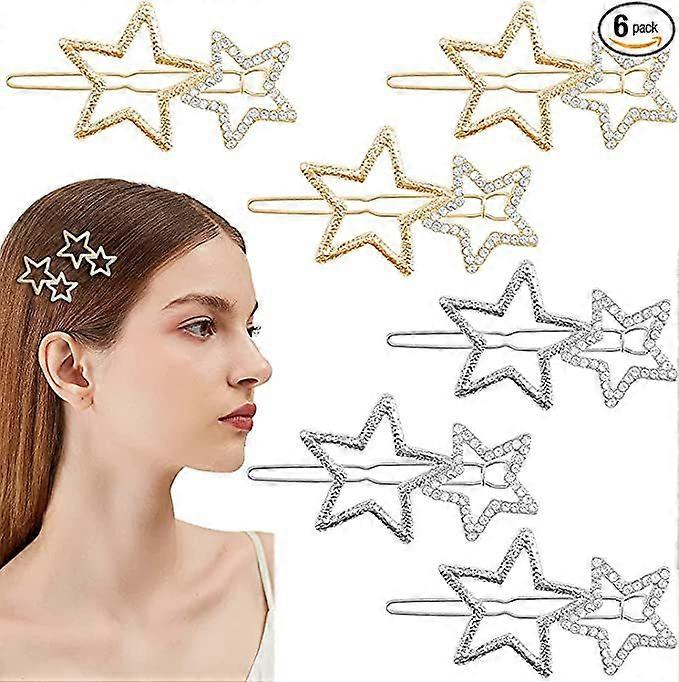 Dww-Hollow Star Hair Clips 6 Pieces, Rhinestone Hair Clips, Geometric Metal Hair Clips, Non-Slip Hair Clips, Elegant Duckbill Clips, Fashionable Hair 