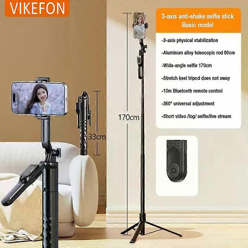 3-axis Anti-shake Head Selfie Stick Mobile Phone Holder Bluetooth Remote Control Retractable 1.7 Meters with Flash Live Stand
