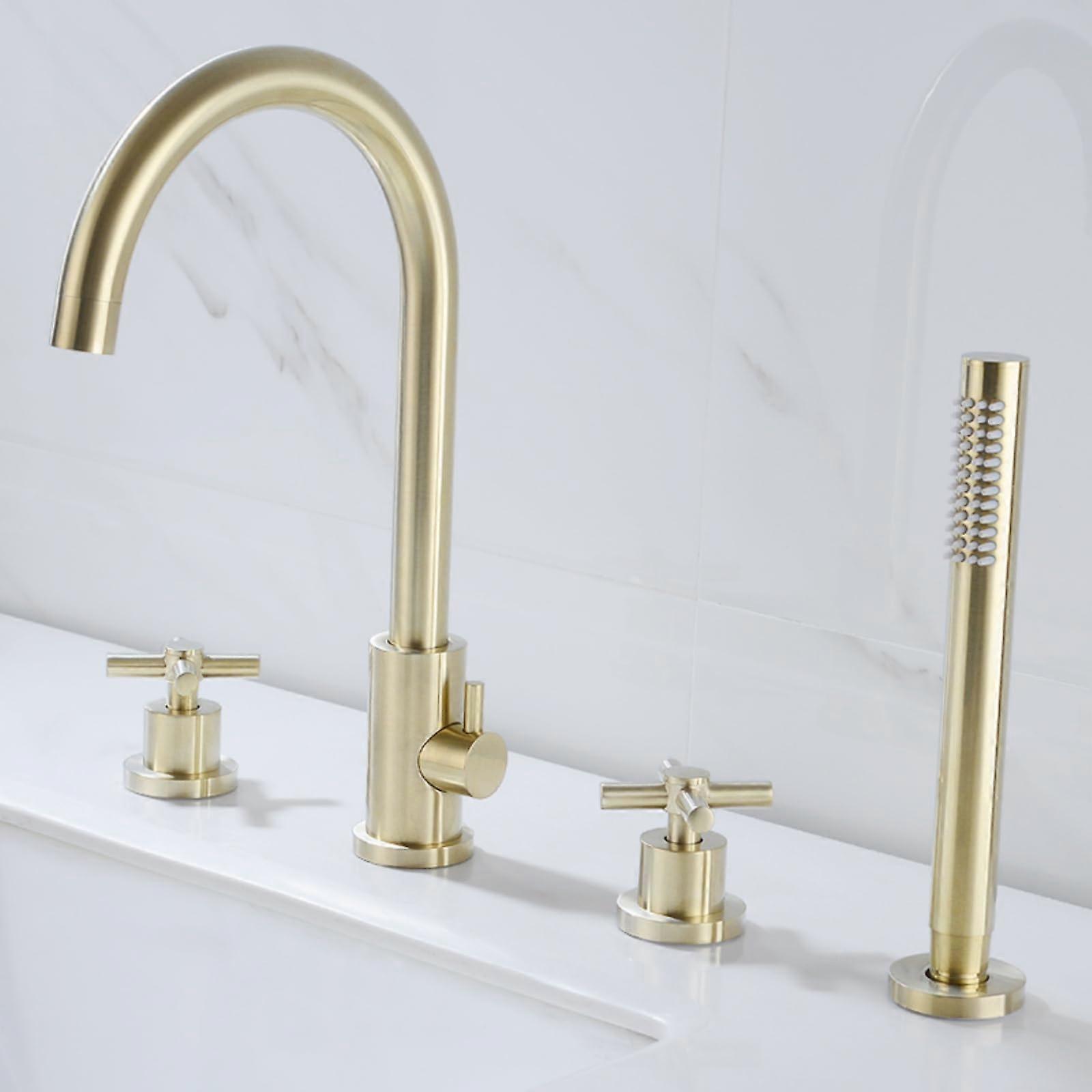 Brushed Gold 3 Hole Bath Mixer Tap with Shower Head, 360° Swivel Spout and Hose Set