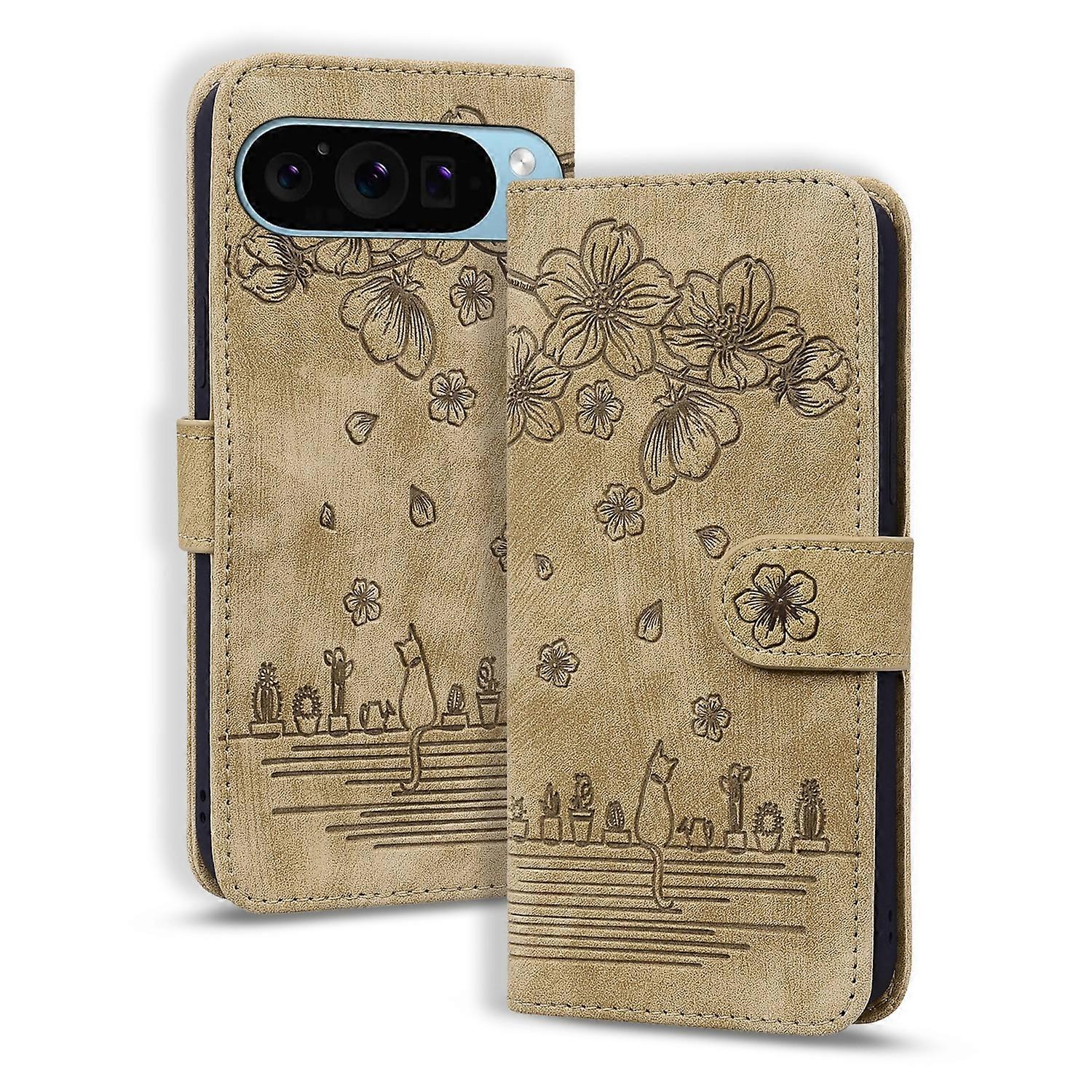 Cartoon Sakura Cat Embossed Leather Phone Case