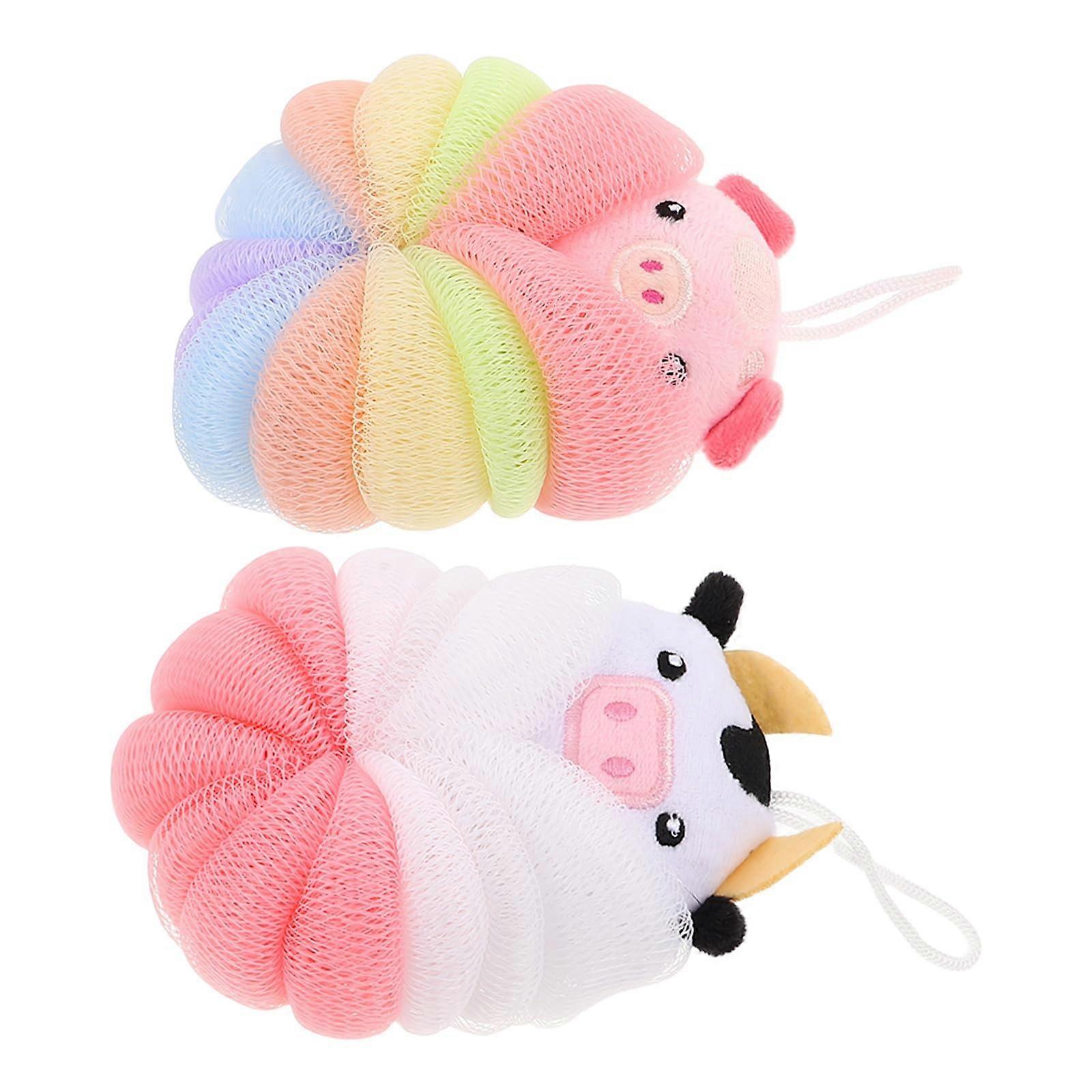 2pcs Cartoon Animal Bath Sponge for Kids, Pig and Cow Shower Pouf with Gentle Exfoliation and Quick Drying Hanging Loop