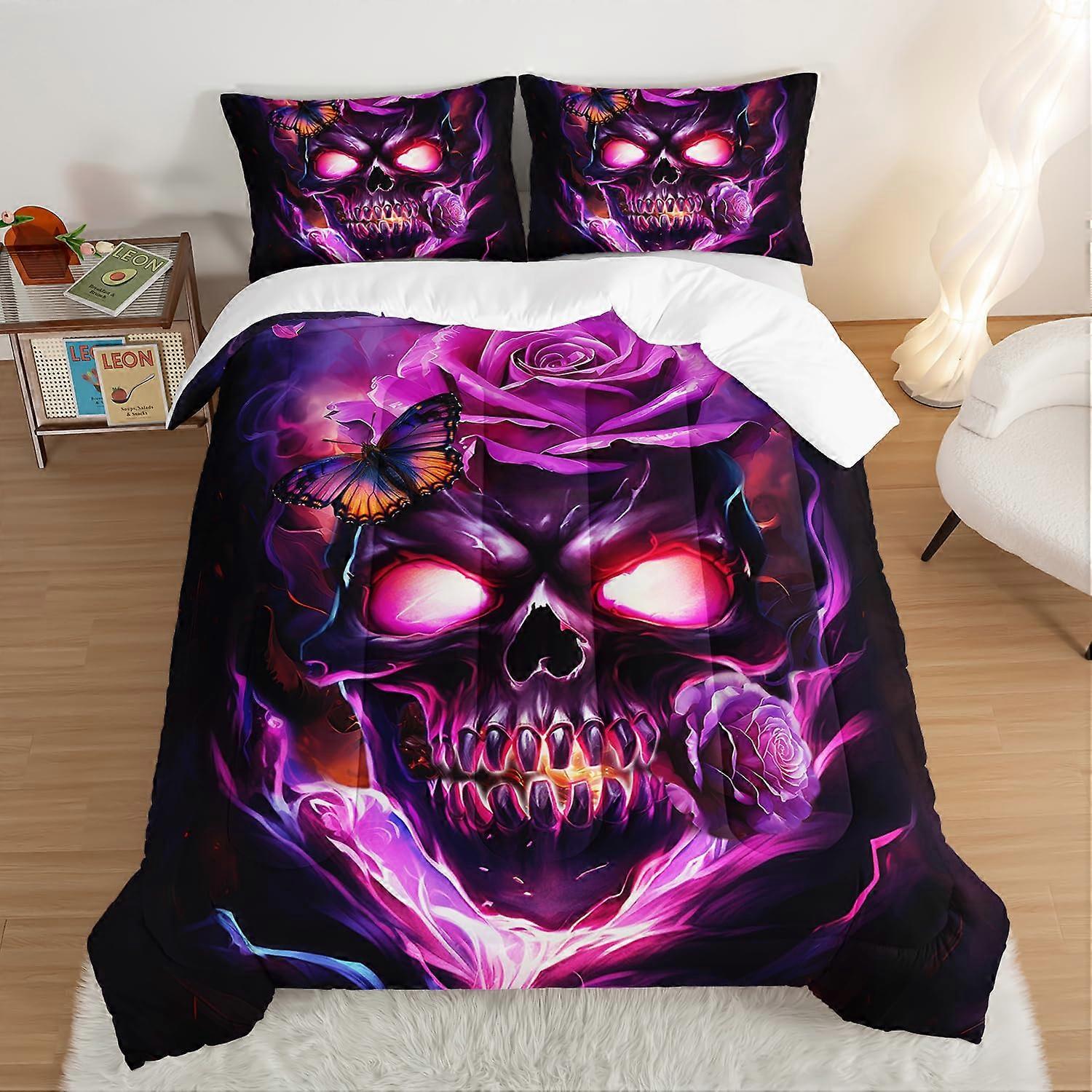 Gothic Comforter Set Twin Size with Skull Butterfly Design, Dark Purple Halloween Bedding with Pillowcases