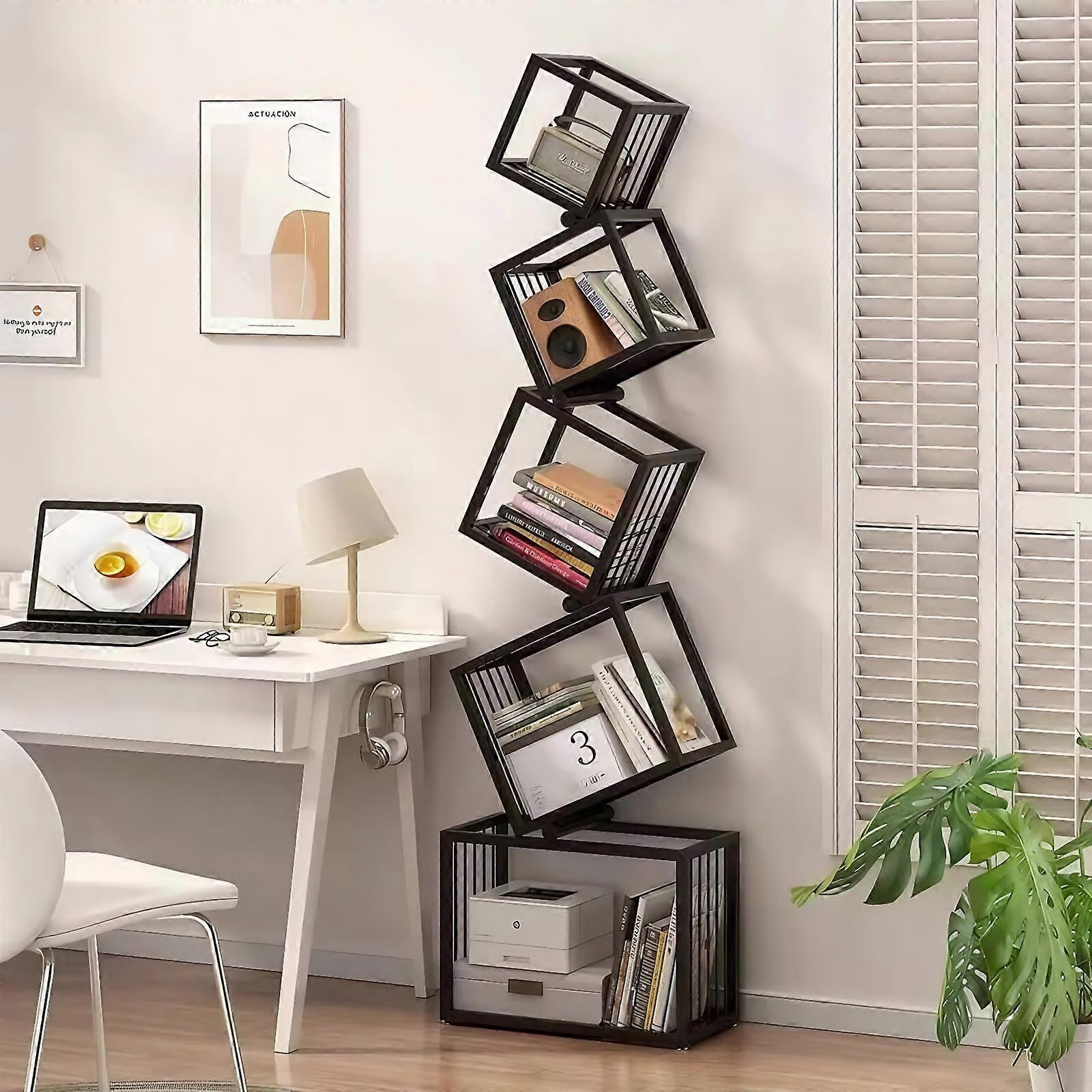 Geometric 5 Tier Bookshelf, Modern Black Metal Bookcase with SpaceSaving Open Shelves for Living Room and Office