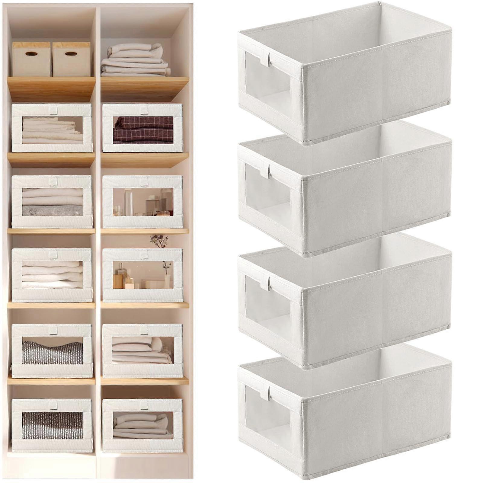 Closet Storage Bins 4 Pack with Clear Mesh Window, Foldable Fabric Organizer for Clothes Towels Beige