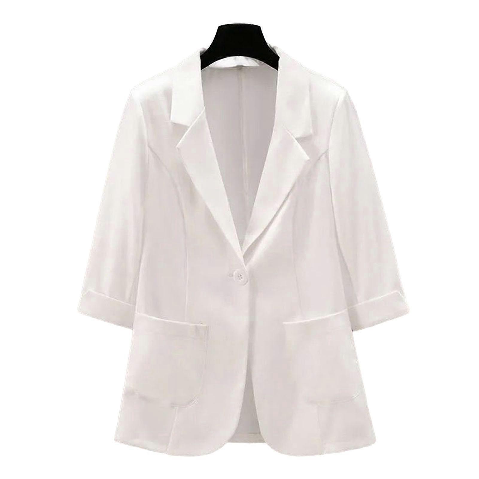 Women Suit Coat Lapel 3/4 Sleeve Button Placket Summer Suit Jacket Solid Color Thin Breathable