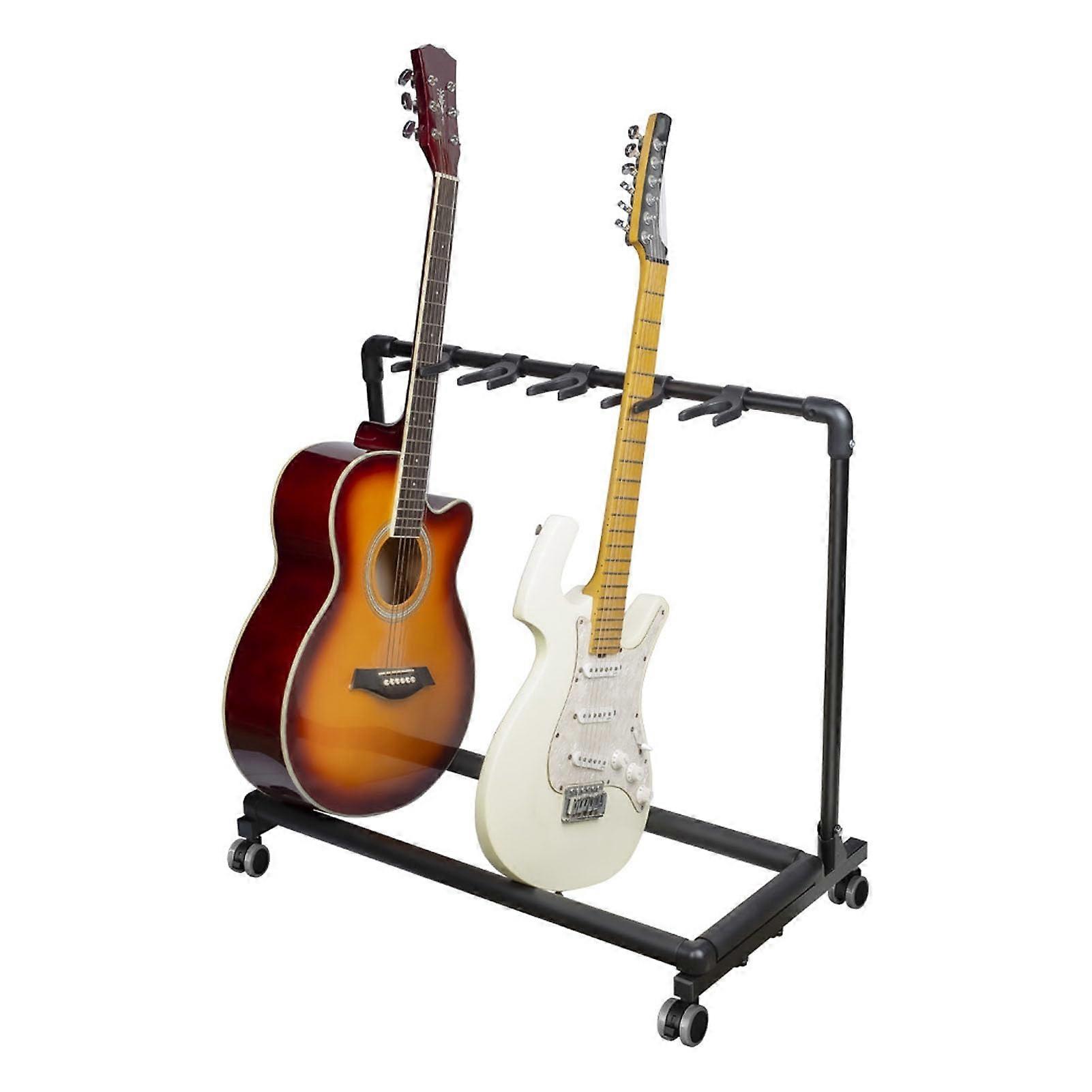Foldable Metal Guitar Stand Rack with Wheels, EVA Padding, Adjustable Spacing, Black