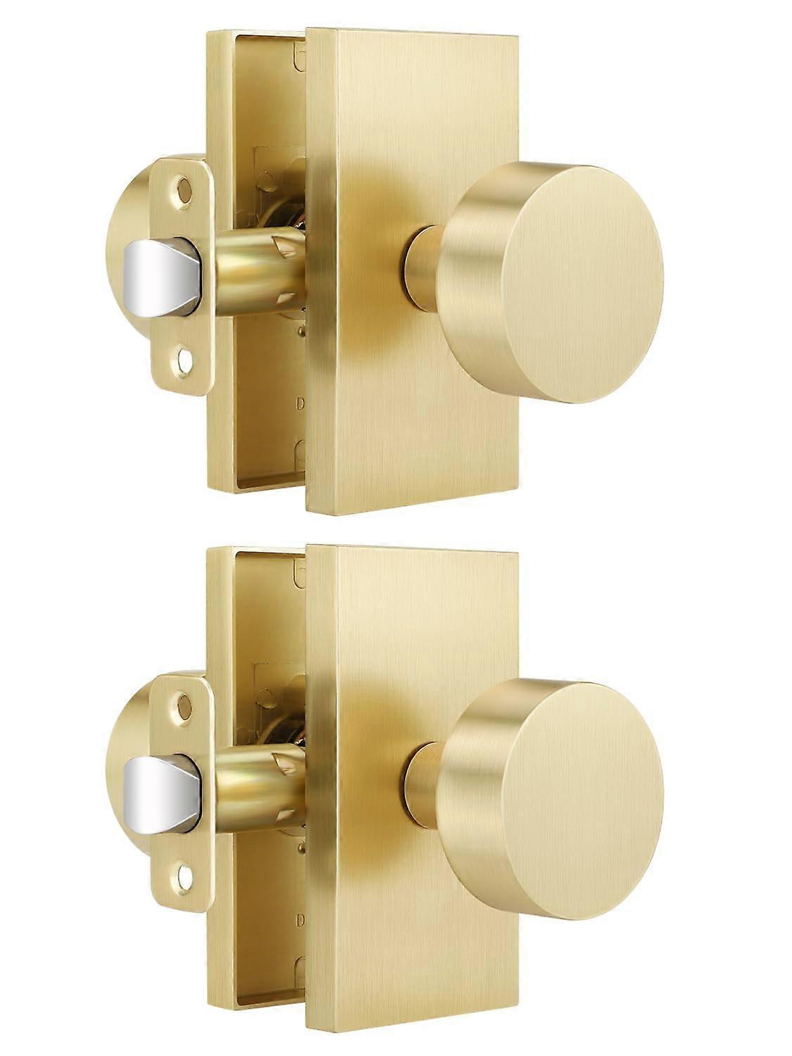 2 Pack Gold Passage Door Knobs, Satin Brass Interior Door Handles, Keyless for Closet or Hall