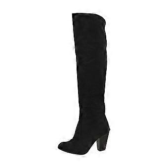 Damenstiefel zum Hineinschlüpfen, hohe Absätze, einfarbig, winterwarm, kniehoch, runde Zehenpartie, Wildlederstiefel, Damenschuhe, Weihnachten