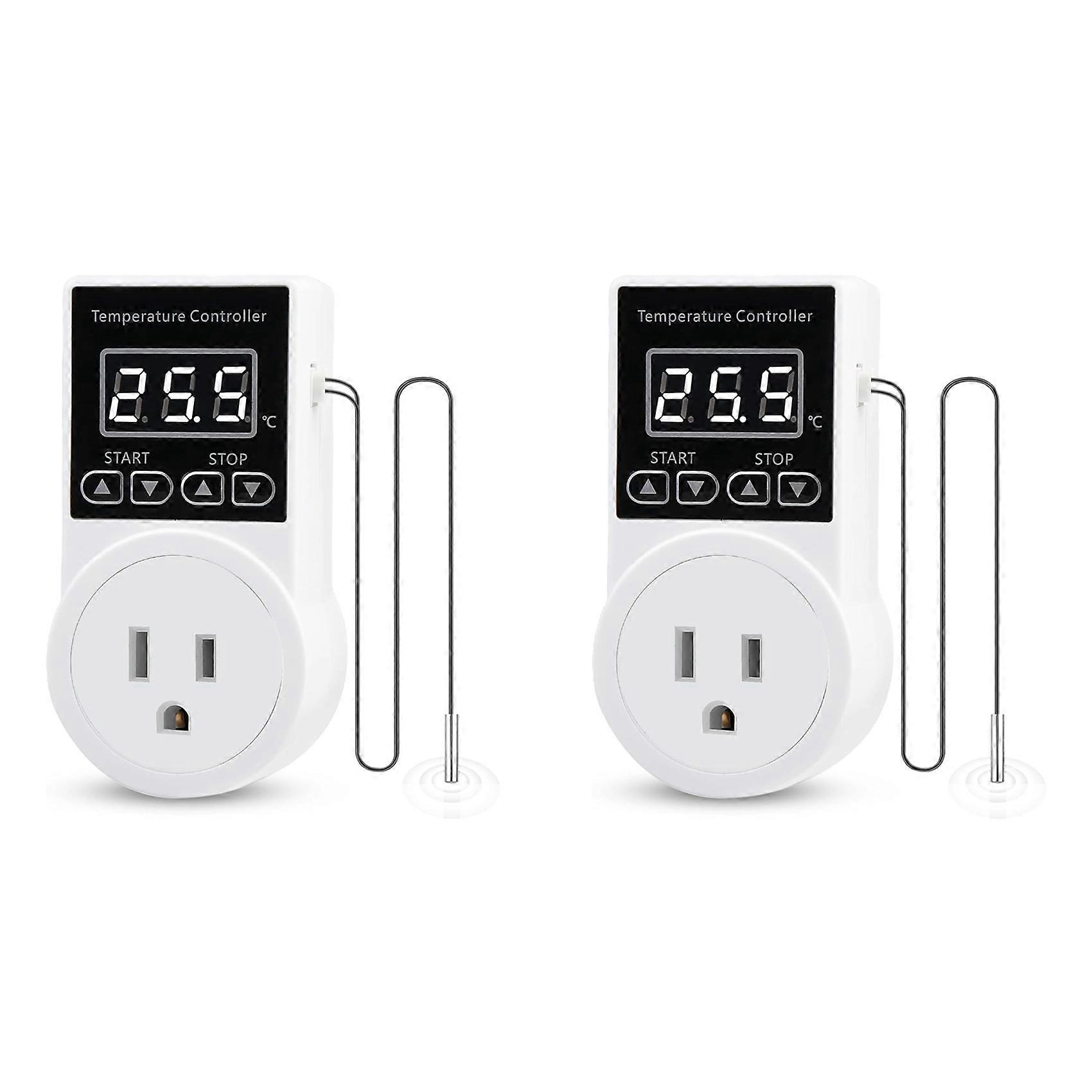 2X Digital Thermostat Plug Socket, LCD Screen Temperature Controller with Waterproof Sensor Probe US Plug