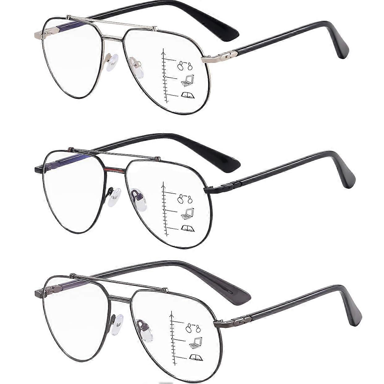 3 Pack Progressive Multifocus Reading Glasses 2.5x Magnification Blue Light Blocking Metal Frame