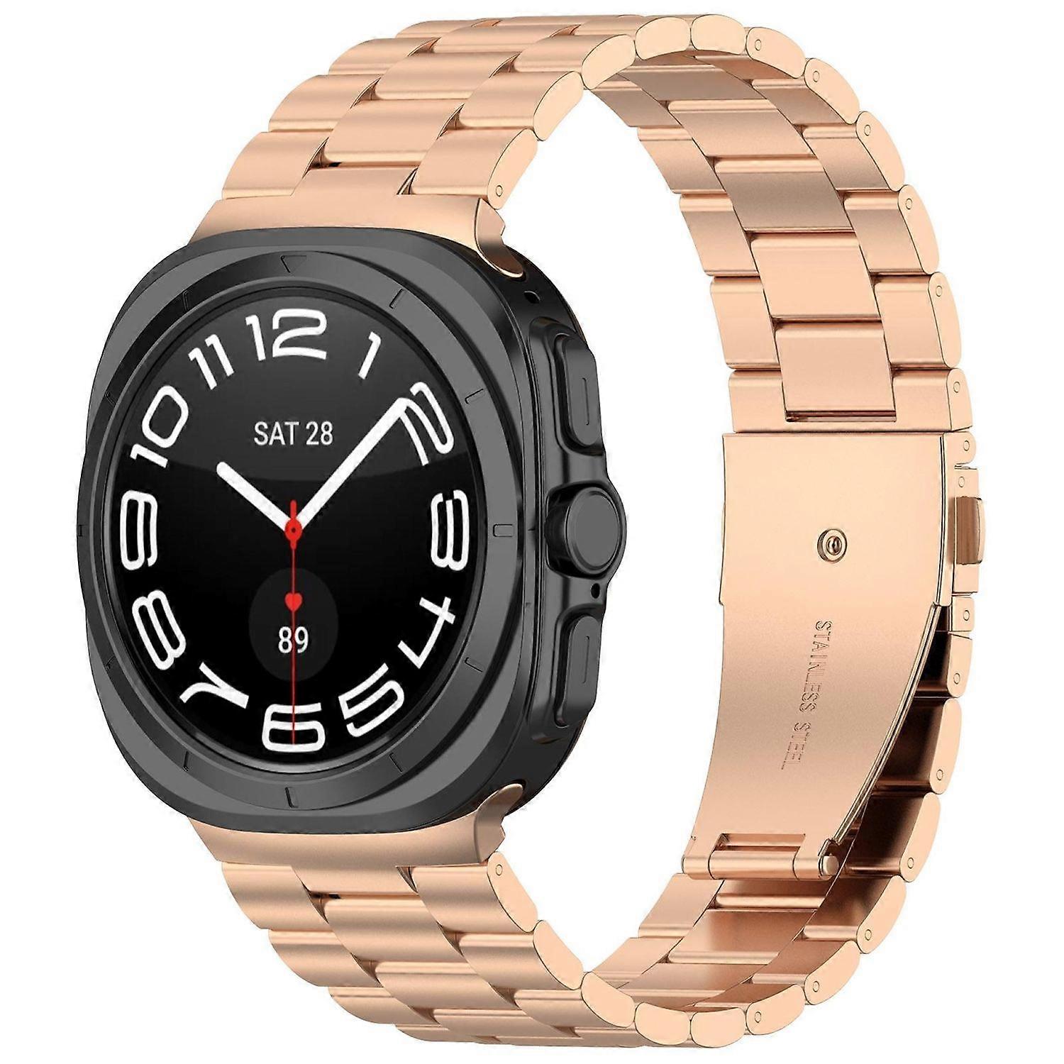 For Samsung Galaxy Watch 8 / 8 Classic Three Bead Stainless Steel Replacement Smart Watch Arm Band with Tool Rose Gold