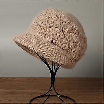 Women's Crochet Beret with Short Brim, Hollow-Out Western Style Knit Hat with Ear Protection, Wool Blend for Autumn and Winter