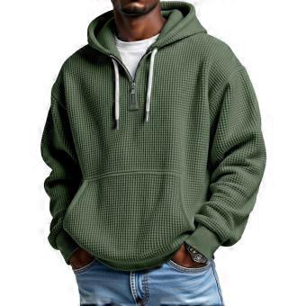 Men Loose Fit Hoodie - Waffle Texture Long Sleeve Pullover