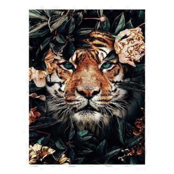 Majestic Tiger with Peony Flowers Dark Botanical Wooden Puzzle RNB1491