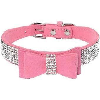 Halsband voor honden met strasssteentjes, zachte suède leren halsband met glinsterende kristallen, dubbele strik, 5 oogjes, geschikt voor kleine en middelgrote honden, roze, maat M.