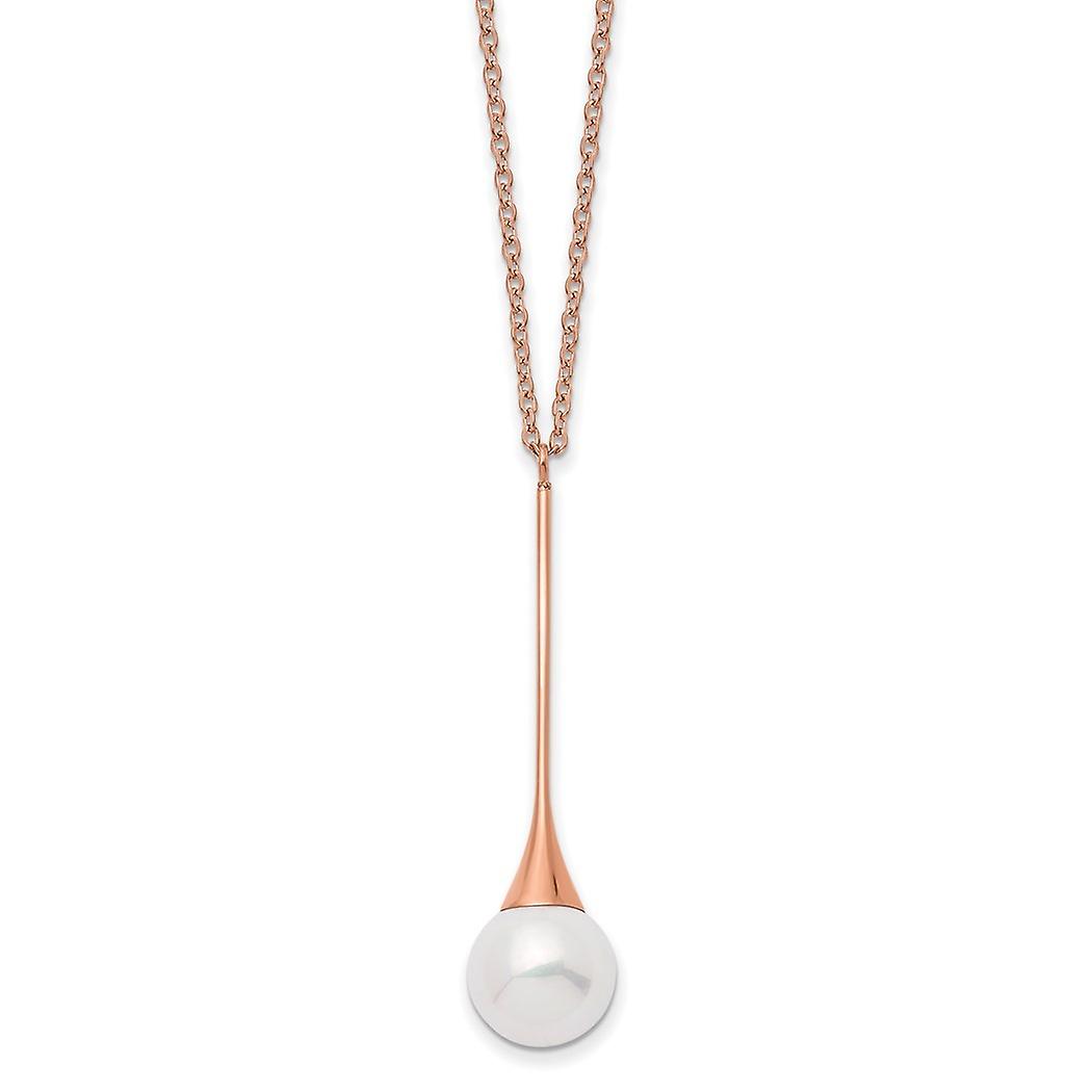 8.4mmステンレス鋼ポリッシュローズIPメッキシミュレートパールペンダントA、1インチ延長ネックレス付き15.75インチペンド