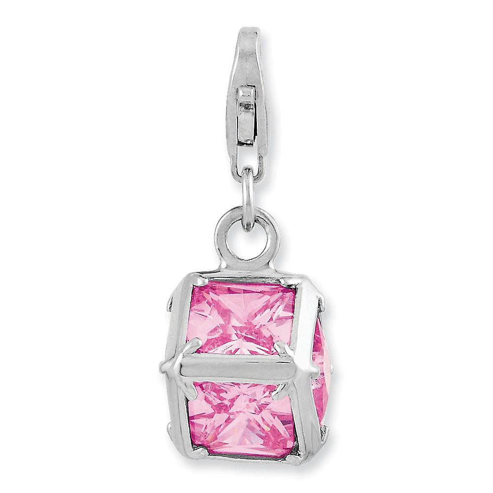 925 Sterling Silver Fancy Lobster Closure Rhodium Plated 3 d Pink Cubic Zirconia With-Lobster Clasp Charm 10x10mm Wide P