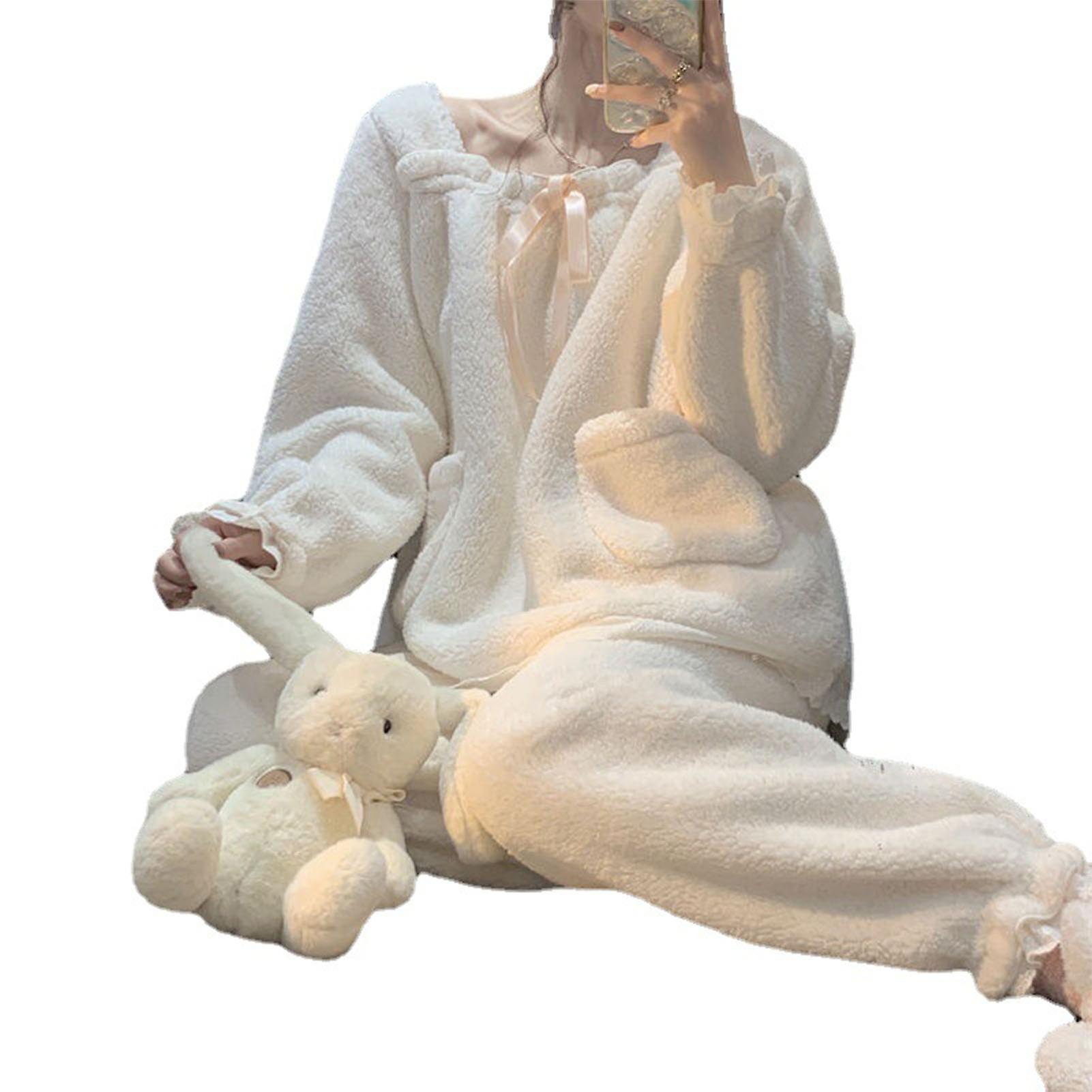 Fleece Dame Pyjamas Sæt Super Blød Langærmet Blonder Trim Bowknot Fuzzy Vinter Pyjamas