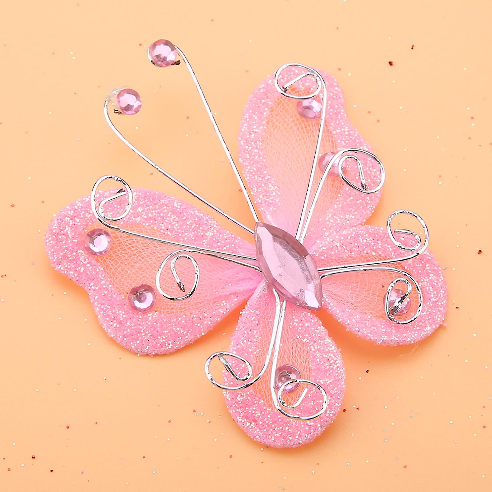 24pcs Pink Sheer Mesh Wire Glitter Butterfly Decorations 5cm