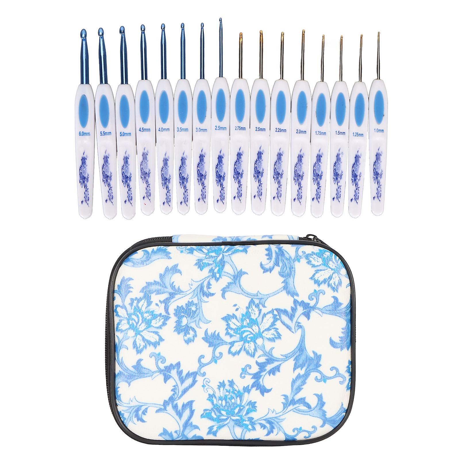 16-Piece Blue and White Porcelain Crochet Hook Set with Ergonomic Handle and Case for Beginners