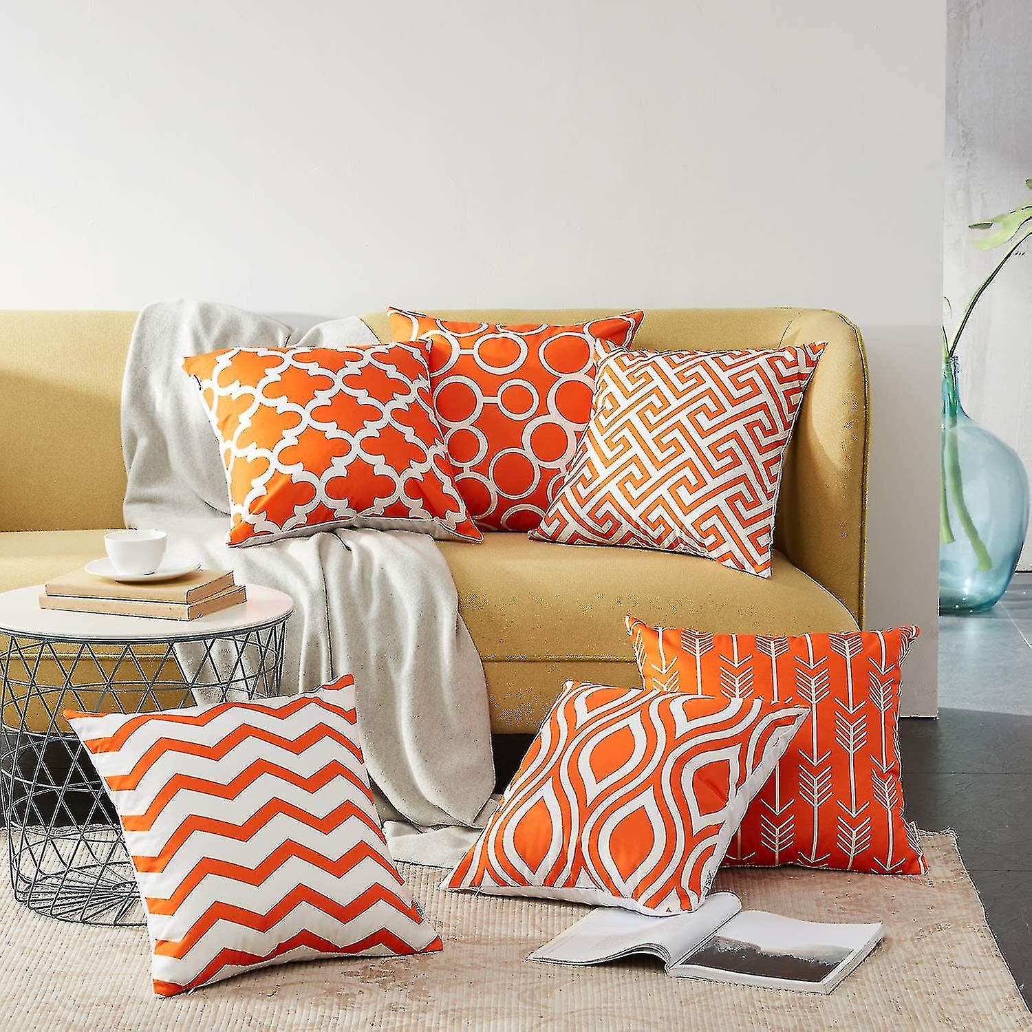 Set Of 6 Cushion Covers 45x45 Cm Quality Canvas With Geometric Patterns For Sofa Car Patio Decorative Cushion Covers Series Orange And White