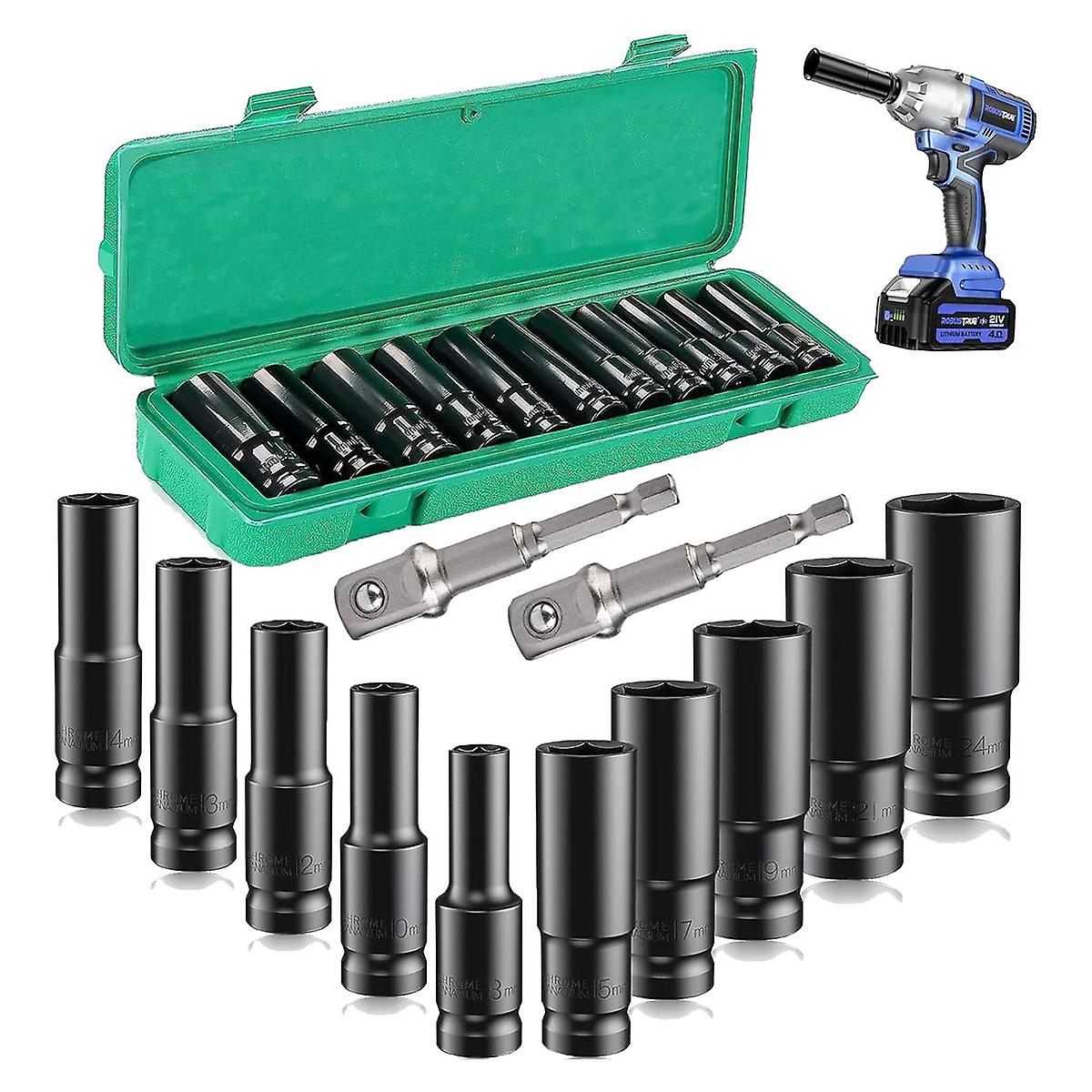 Deep Impact Set,12pcs 1/2 Inch Sets 8-24mm And Storage Box With Driver Socket Extensions For Automotive