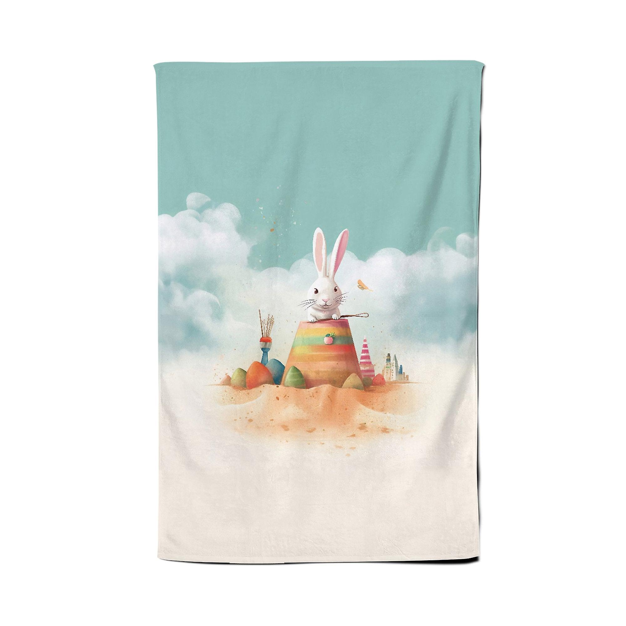 White Rabbit On A Beach Holiday Tea Towel