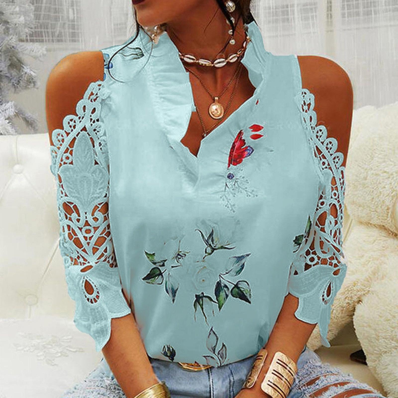 Women T Shirt Summer Tops 2022 Spring Summer Printed Off-shoulder Lace Stitching