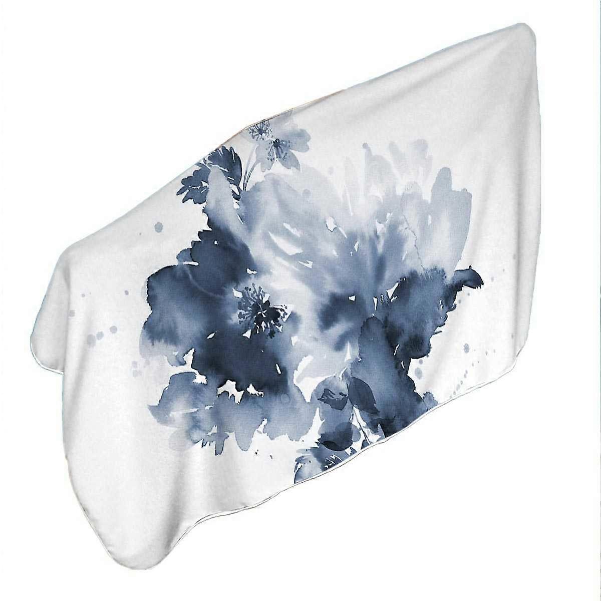 Dark Blue Watercolor Flowers Microfiber Beach Towel