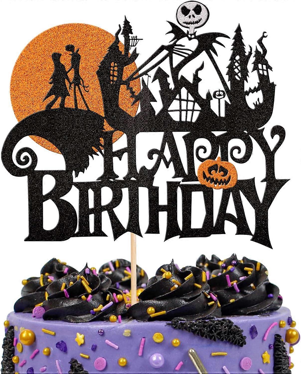 Halloween Happy Birthday Cake Topper | Glitter Jack & Sally Pumpkin Bat Castle Ghost Cake Pick - View #10