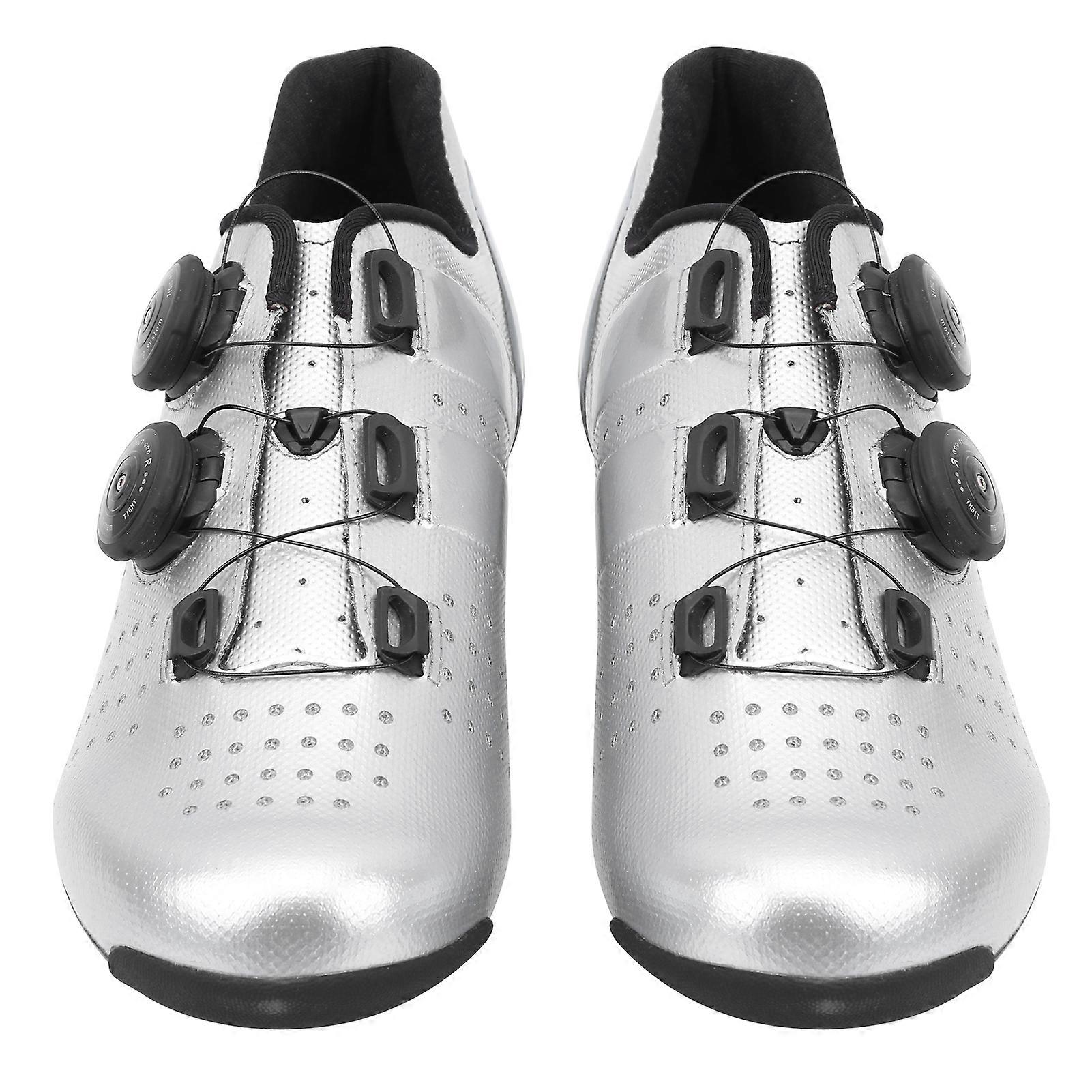 Galvanische Silber-Vamp-Carbon-Fahrradschuhe für Rennräder mit Double-Turn-Button-Quick-Lock-System