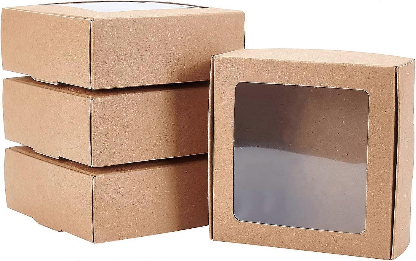 20Packs 3.7x3.7x1.4inch Square Brown Kraft Paper Boxes with Clear Windows