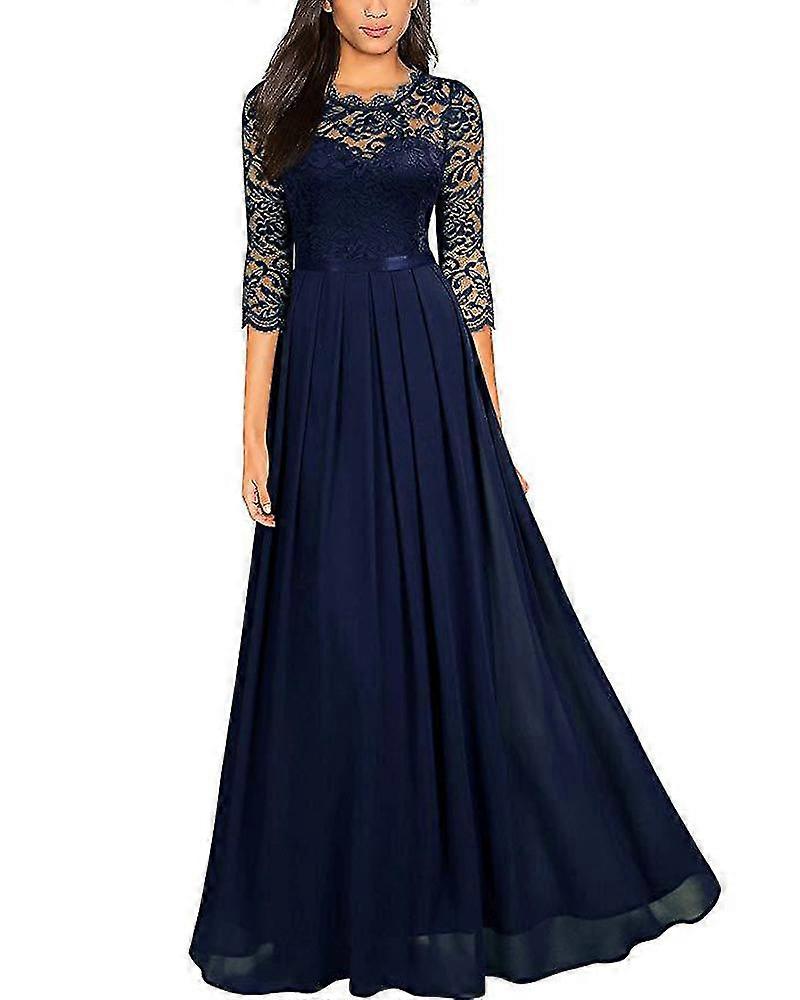 Zarif Dantel Uzun Çiçek 3/4 Kollu Parti Elbise