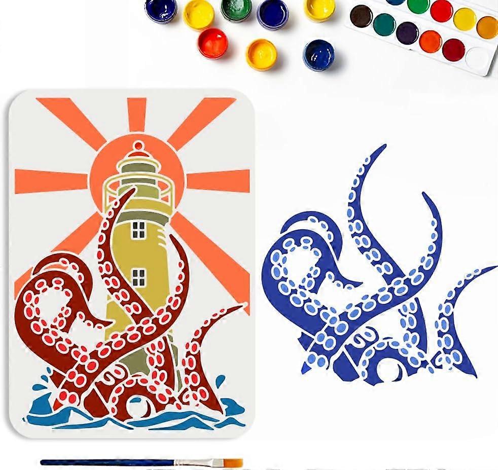 Octopus Tentacles Lighthouse Stencils 11.78.3inch Large Summer Sea Creatures Stencil with Paint Brush Dazzling Sunrays Nautical Lighthouse Template fo