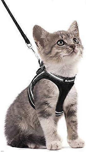 Cat Harness with Leash, Breathable Kitten Harness with Reflective Strips Adjustable Black Vest Easy to Put On