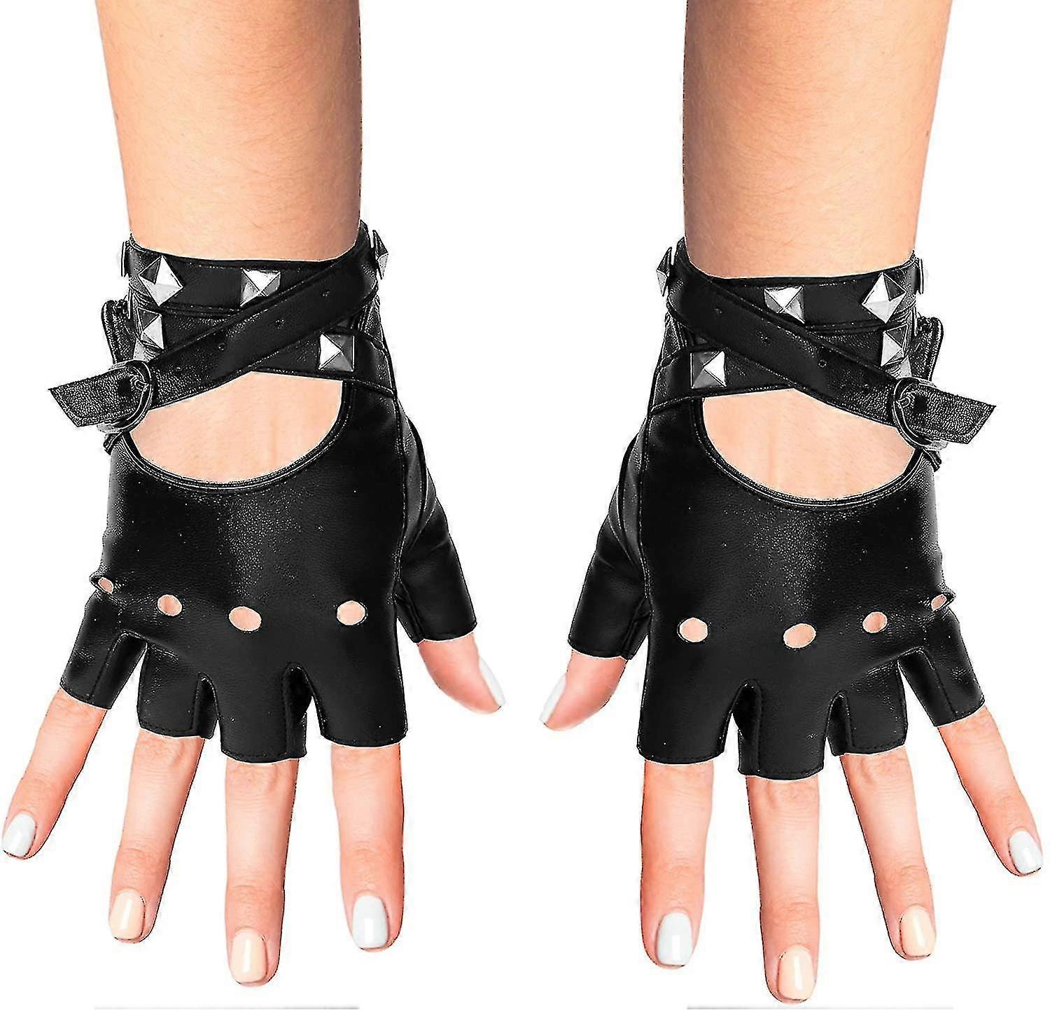 Fingerless Faux Leather Gloves - Black Biker Punk Gloves With Belt Up Closure And Rivet Design