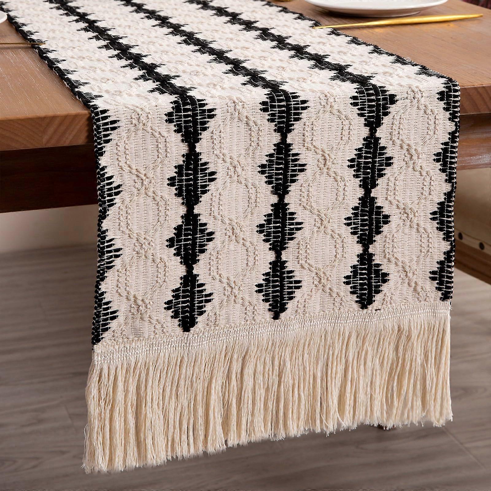 Braided Table Runner Cotton Linen Table Runners with Tassel Long Cream Table Runner Macrame Table Runners for Rustic Home Dining Table Cover30*200cm