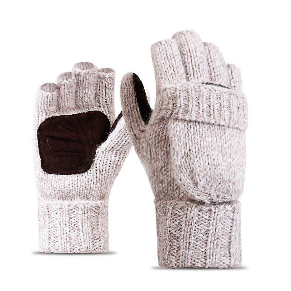 (Beige) Wool Blend Knit Two-Purpose Insulated Fingerless Gloves