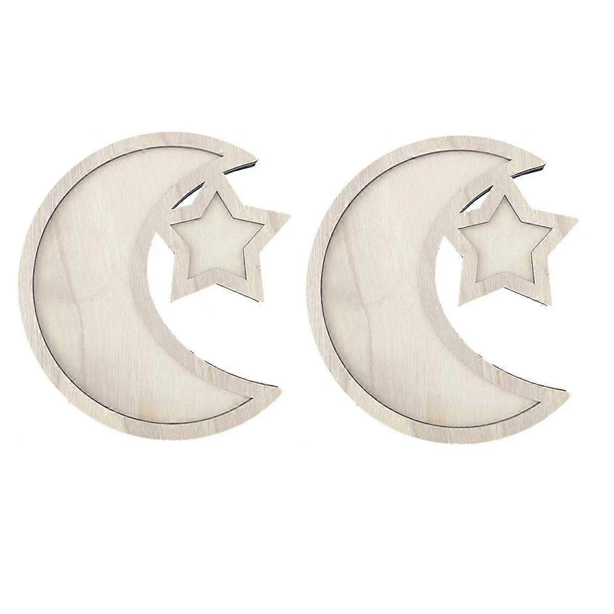 2 Sets Ramadan Wood Tray Moon Wooden Star Tableware Eid Mubarak Party Serving Tableware for Breakfast,A