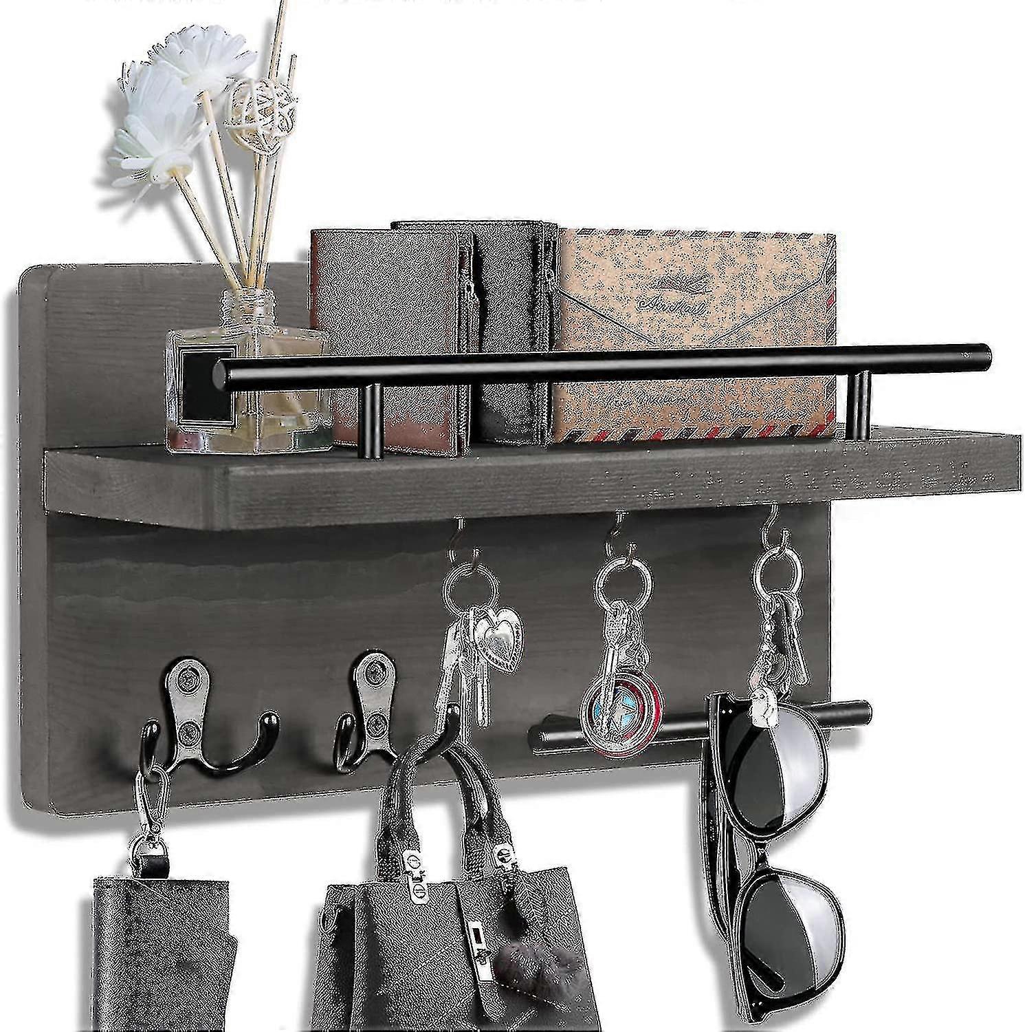 Key Holder For Wall Decorative With 5 Key Hooks, Wall Mounted Key Hangers For Wall With Mail Key Rack, Wooden Mail Organizer With Shelf, Rustic Home D